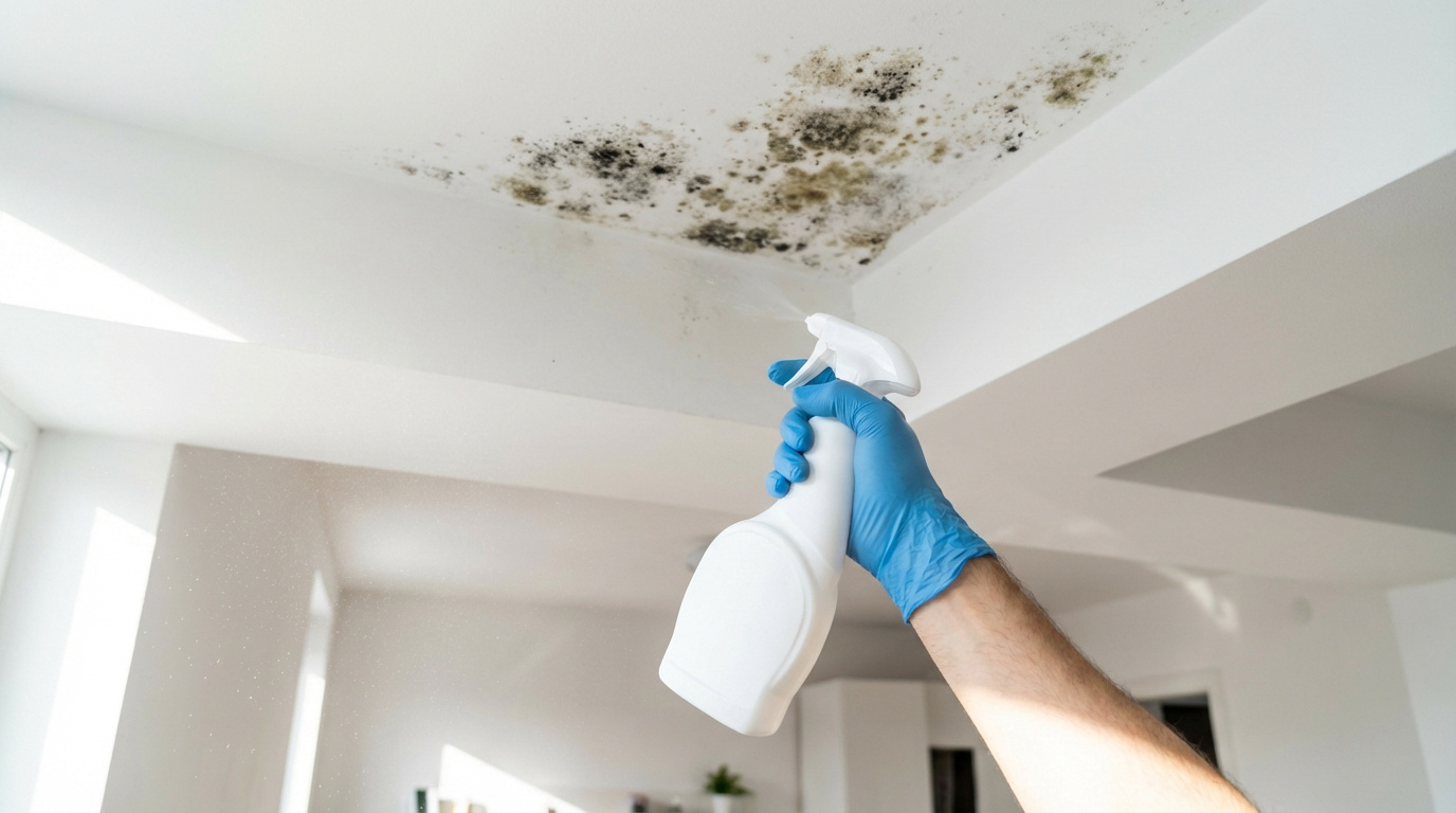 Une main gantée de bleu pulvérise un produit nettoyant sur de la moisissure noire et verte incrustée au plafond blanc d'une pièce.